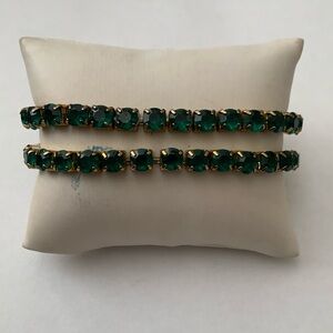 Green Rhinestone Stretch Bracelets Metal Gold Tone Set  of Two